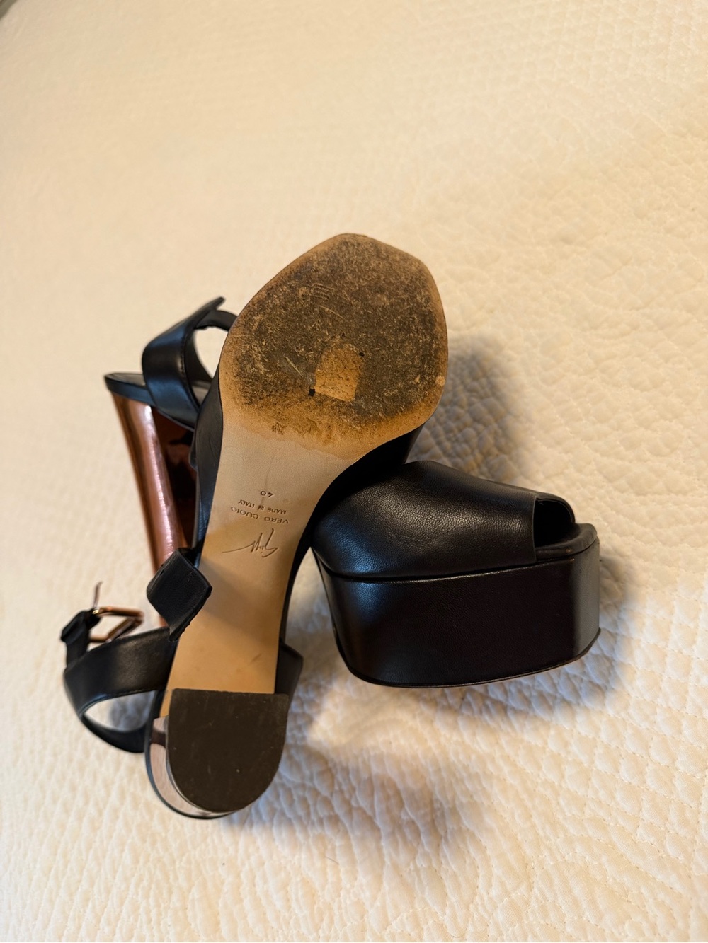 Giuseppe Zanotti Black Leather Platform Peep-Toe Sandals with Metallic Heel